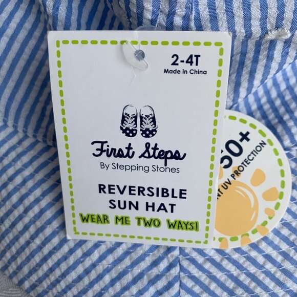 Fresh Steps reversible bucket hat Kids 2-4T Blue white seersucker and Dinosaur - Picture 2 of 8